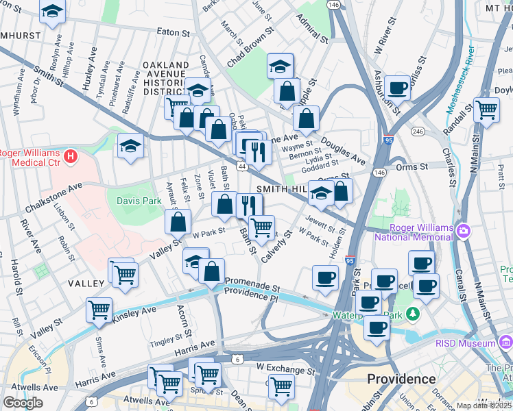 map of restaurants, bars, coffee shops, grocery stores, and more near 347 Orms Street in Providence