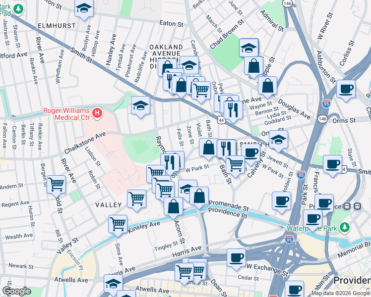 map of restaurants, bars, coffee shops, grocery stores, and more near 17 Zone Street in Providence