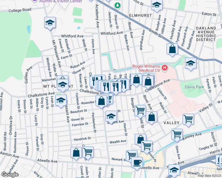 map of restaurants, bars, coffee shops, grocery stores, and more near 36A Fallon Avenue in Providence
