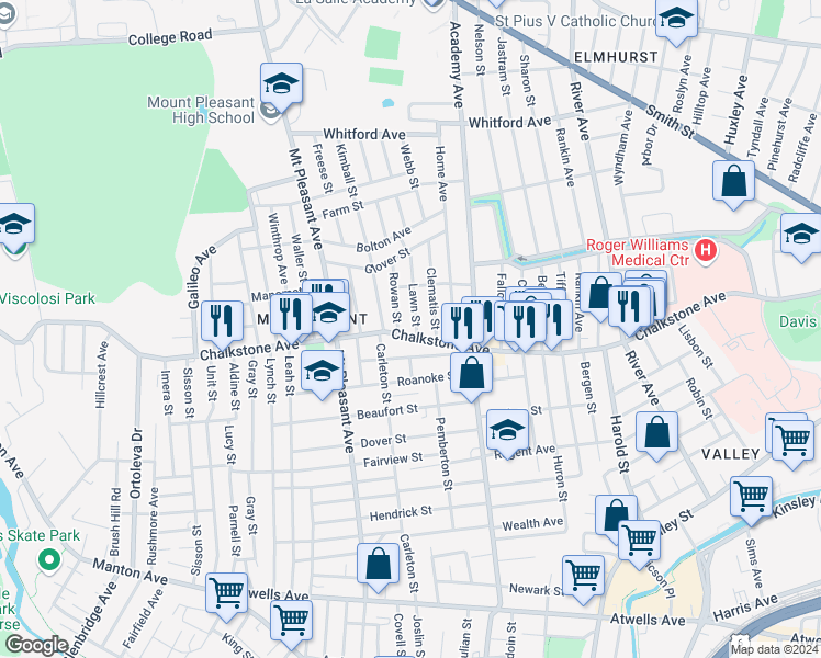 map of restaurants, bars, coffee shops, grocery stores, and more near 31 Lawn Street in Providence