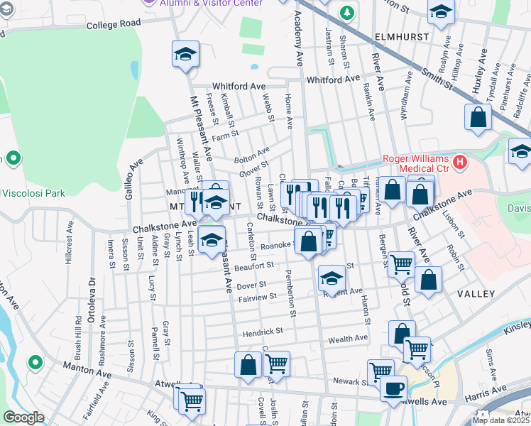 map of restaurants, bars, coffee shops, grocery stores, and more near 31 Lawn Street in Providence