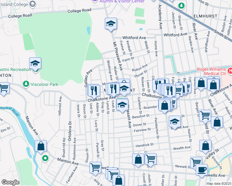 map of restaurants, bars, coffee shops, grocery stores, and more near 32 Waller Street in Providence
