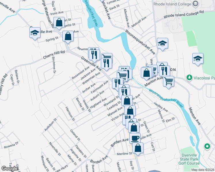 map of restaurants, bars, coffee shops, grocery stores, and more near 5 Archer Avenue in Johnston
