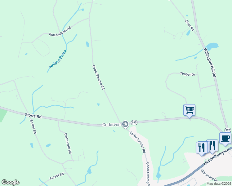 map of restaurants, bars, coffee shops, grocery stores, and more near 174 Cedar Swamp Road in Mansfield