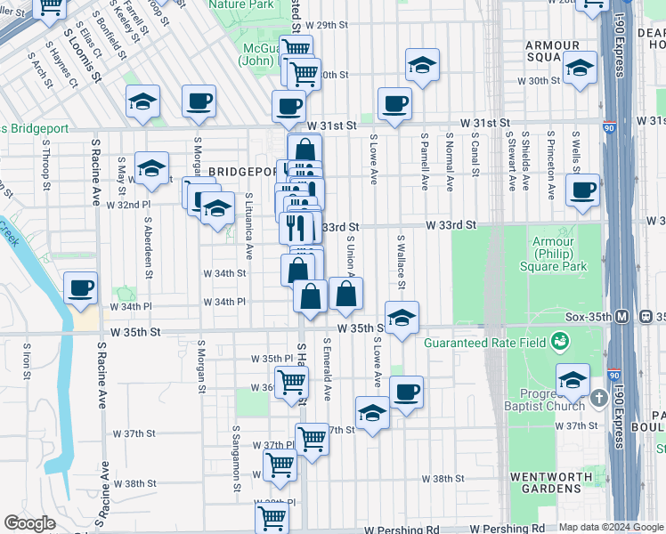 map of restaurants, bars, coffee shops, grocery stores, and more near 3326 South Emerald Avenue in Chicago