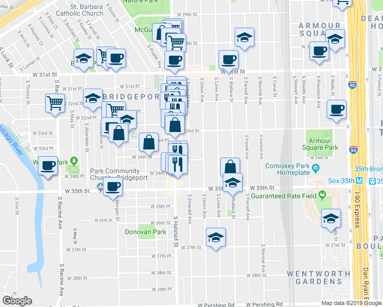 map of restaurants, bars, coffee shops, grocery stores, and more near 3326 South Emerald Avenue in Chicago