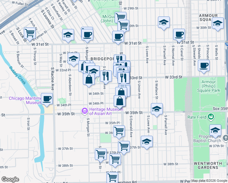 map of restaurants, bars, coffee shops, grocery stores, and more near 843 West 33rd Place in Chicago