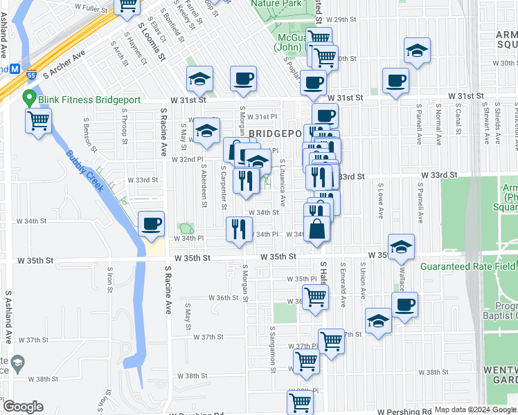 map of restaurants, bars, coffee shops, grocery stores, and more near 919 West 33rd Place in Chicago