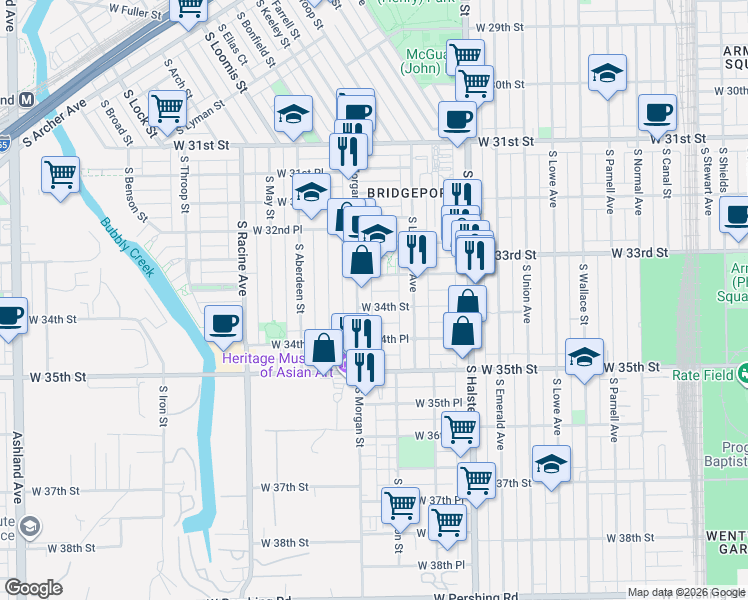 map of restaurants, bars, coffee shops, grocery stores, and more near 3343 South Morgan Street in Chicago