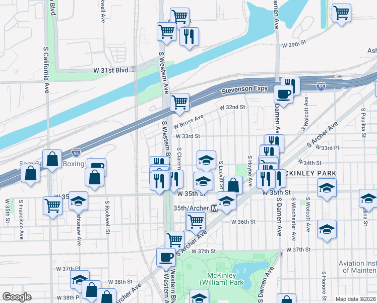 map of restaurants, bars, coffee shops, grocery stores, and more near 3313 South Oakley Avenue in Chicago