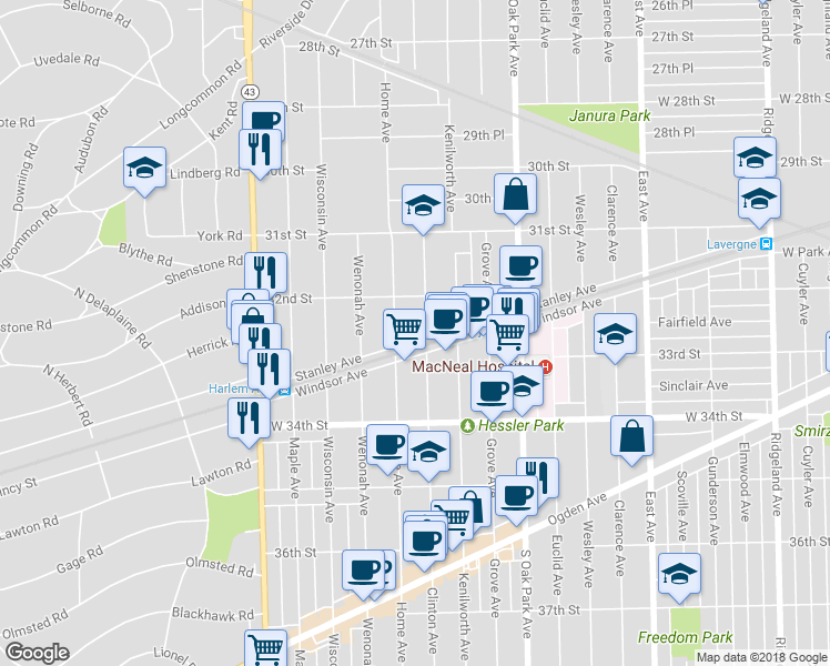 map of restaurants, bars, coffee shops, grocery stores, and more near 3217 Clinton Avenue in Berwyn
