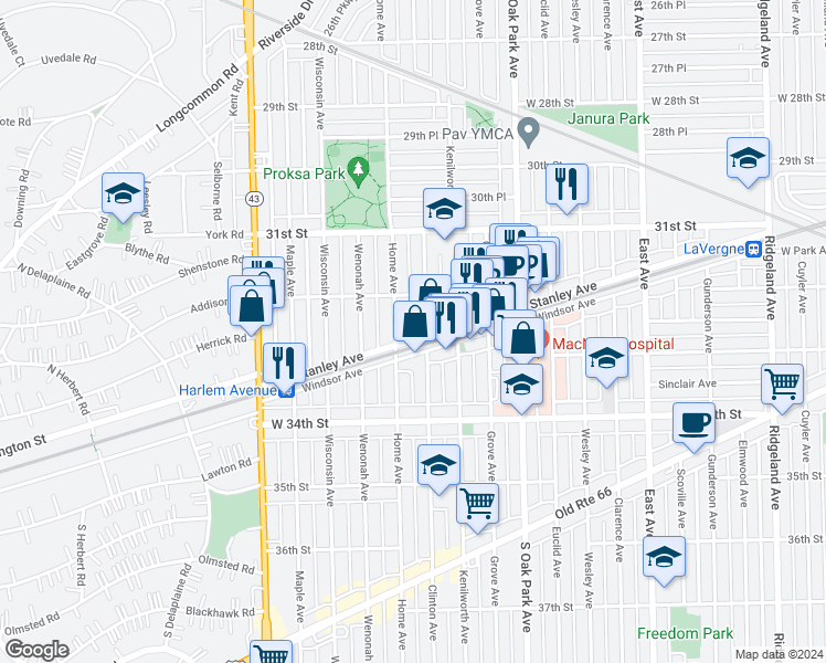 map of restaurants, bars, coffee shops, grocery stores, and more near 3217 Clinton Avenue in Berwyn