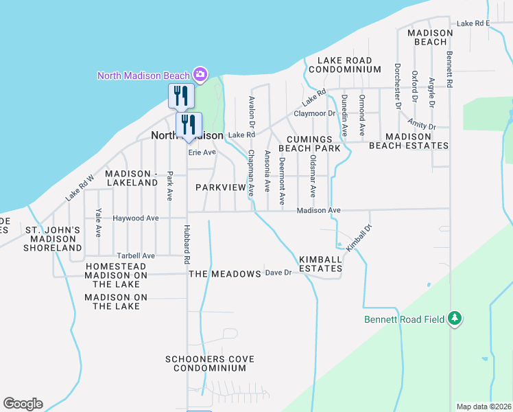 map of restaurants, bars, coffee shops, grocery stores, and more near 1497 Ansonia Avenue in Madison