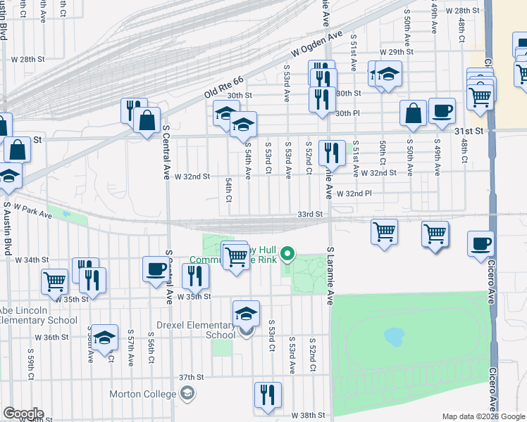 map of restaurants, bars, coffee shops, grocery stores, and more near 3230 South 53rd Court in Cicero