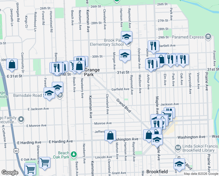 map of restaurants, bars, coffee shops, grocery stores, and more near 3128 Morton Avenue in Brookfield