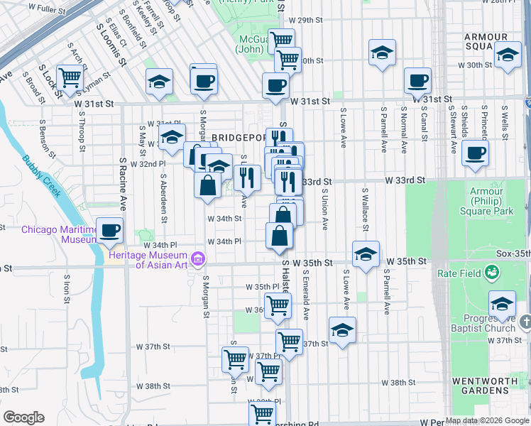 map of restaurants, bars, coffee shops, grocery stores, and more near 828 West 34th Street in Chicago