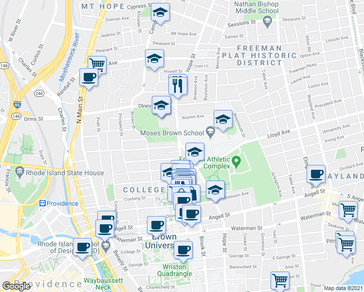 map of restaurants, bars, coffee shops, grocery stores, and more near Hope St & Barnes St in Providence