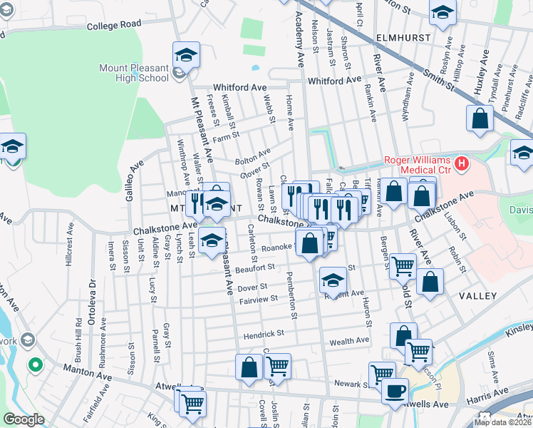 map of restaurants, bars, coffee shops, grocery stores, and more near 31 Lawn Street in Providence
