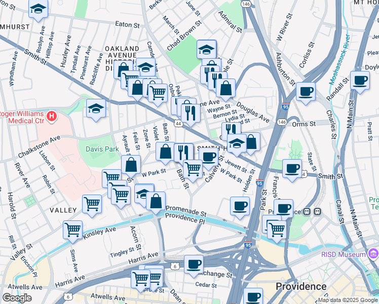 map of restaurants, bars, coffee shops, grocery stores, and more near 347 Orms Street in Providence