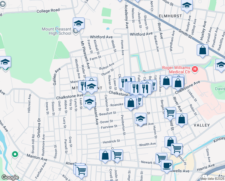 map of restaurants, bars, coffee shops, grocery stores, and more near 31 Lawn Street in Providence