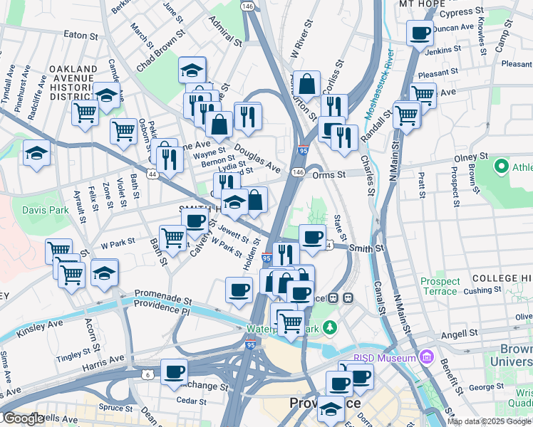 map of restaurants, bars, coffee shops, grocery stores, and more near 47 Common Street in Providence