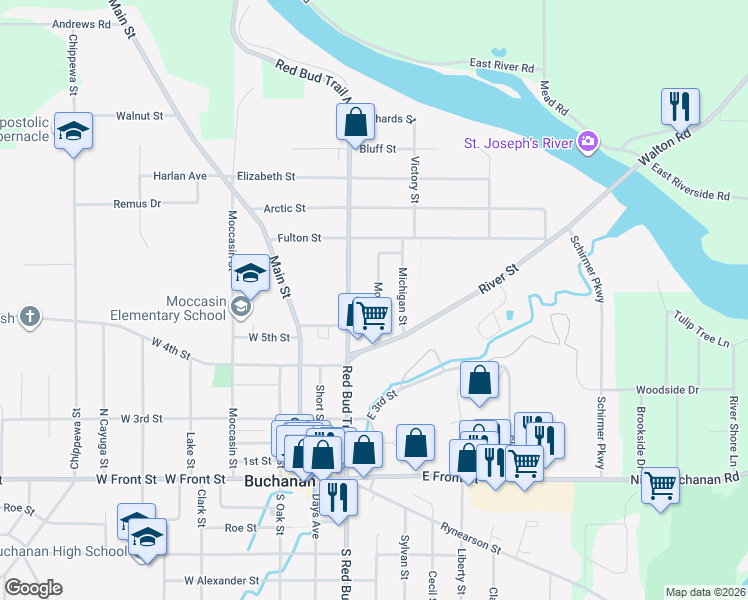 map of restaurants, bars, coffee shops, grocery stores, and more near 512 Moravia Street in Buchanan