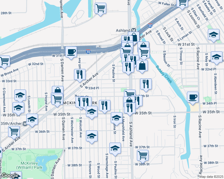 map of restaurants, bars, coffee shops, grocery stores, and more near 1724 West 33rd Place in Chicago