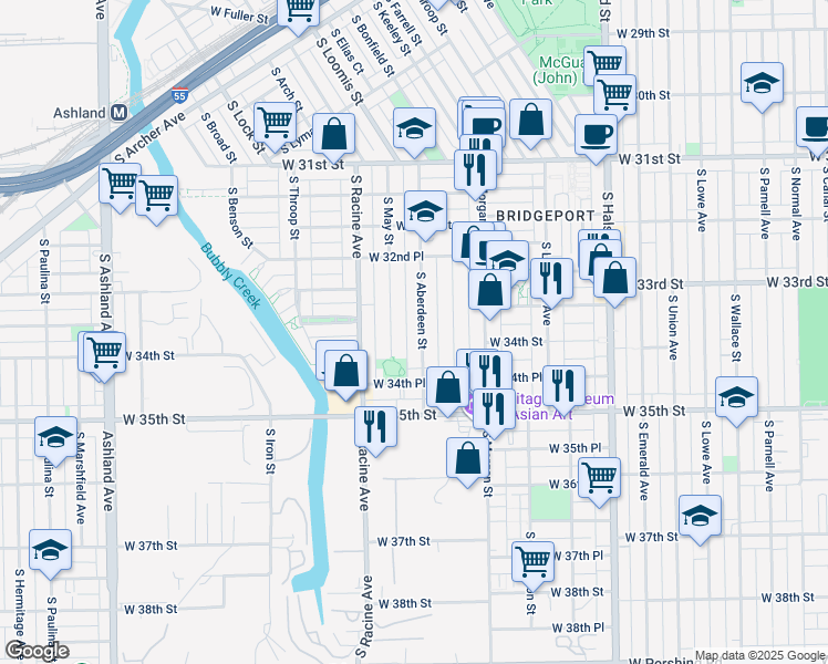 map of restaurants, bars, coffee shops, grocery stores, and more near 3342 South Aberdeen Street in Chicago