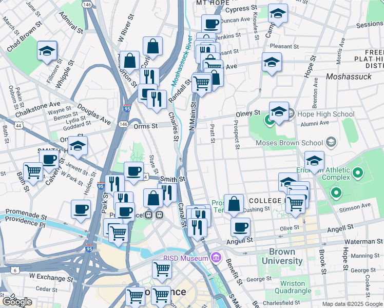 map of restaurants, bars, coffee shops, grocery stores, and more near 34 Benefit Street in Providence