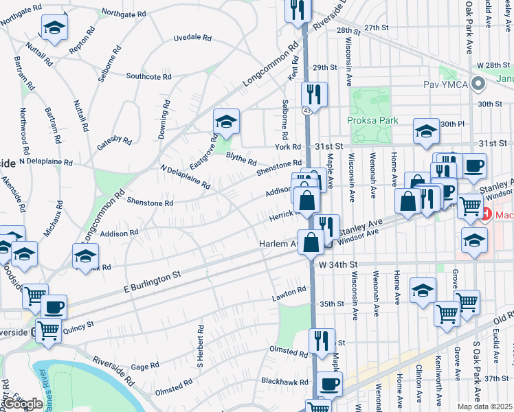 map of restaurants, bars, coffee shops, grocery stores, and more near 366 Addison Road in Riverside