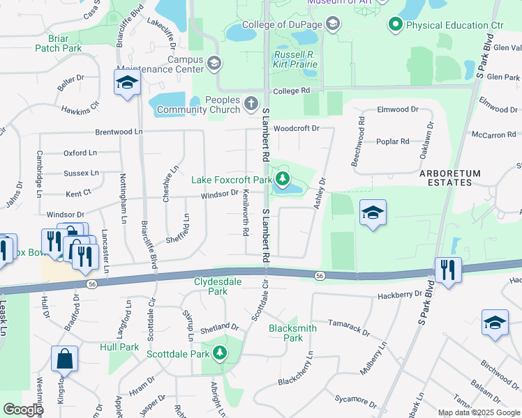 map of restaurants, bars, coffee shops, grocery stores, and more near 23W231 Windsor Drive in Glen Ellyn