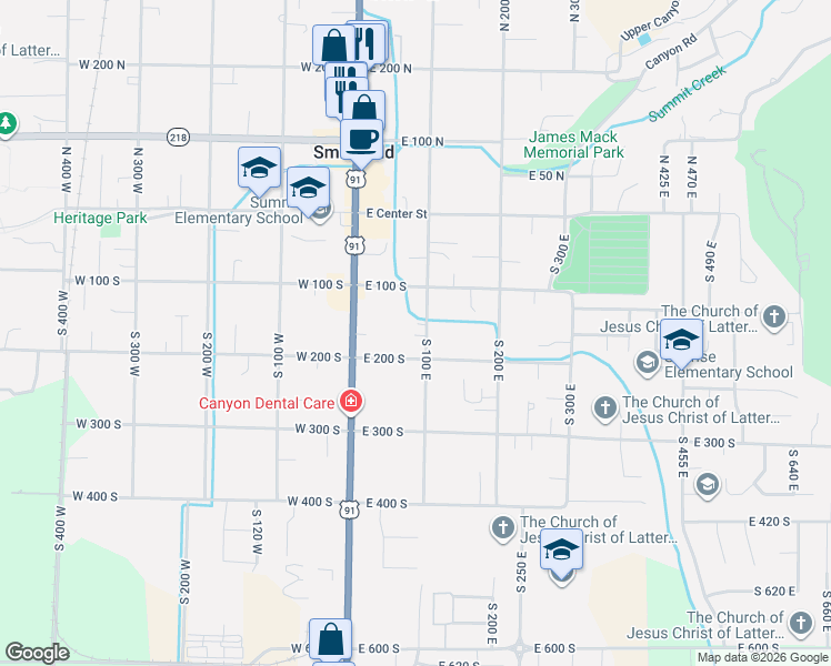 map of restaurants, bars, coffee shops, grocery stores, and more near 79 East 200 South in Smithfield