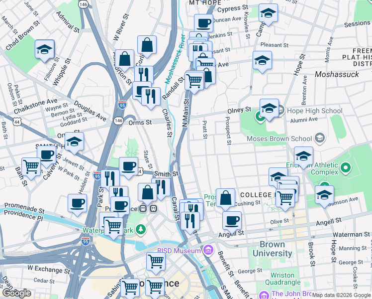 map of restaurants, bars, coffee shops, grocery stores, and more near 34 Benefit Street in Providence