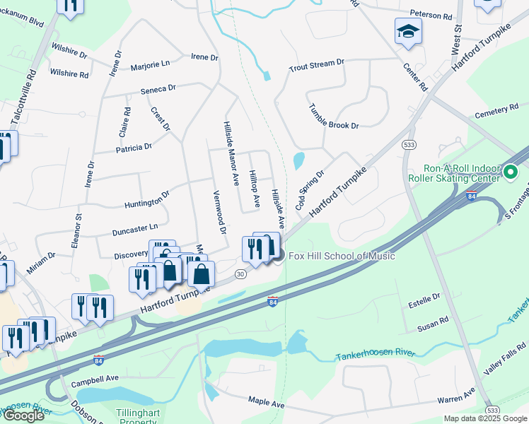 map of restaurants, bars, coffee shops, grocery stores, and more near 25 Hillside Avenue in Vernon