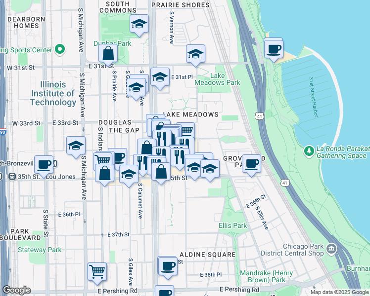 map of restaurants, bars, coffee shops, grocery stores, and more near 443 E 34th St in Chicago