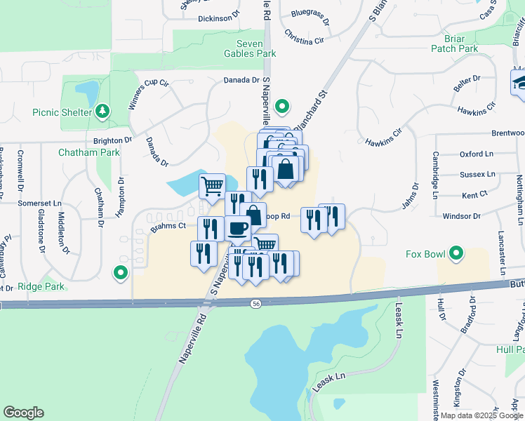 map of restaurants, bars, coffee shops, grocery stores, and more near 2001 South Naperville Road in Wheaton