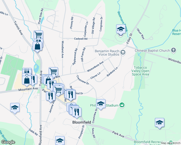map of restaurants, bars, coffee shops, grocery stores, and more near 72 Wintonbury Avenue in Bloomfield
