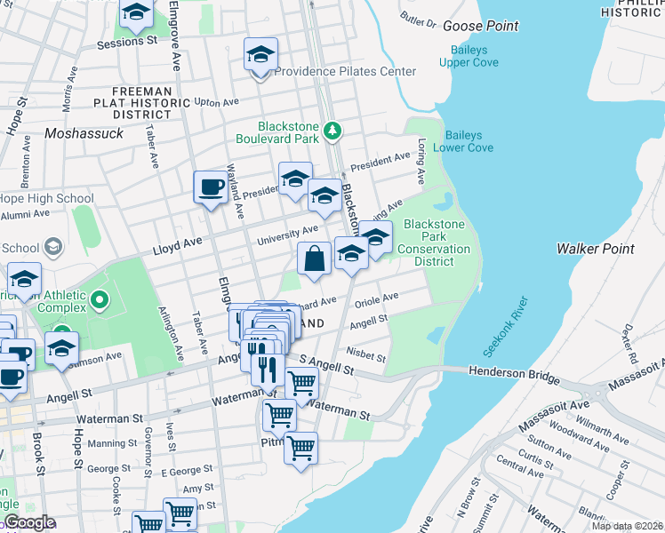 map of restaurants, bars, coffee shops, grocery stores, and more near 142 Elton Street in Providence