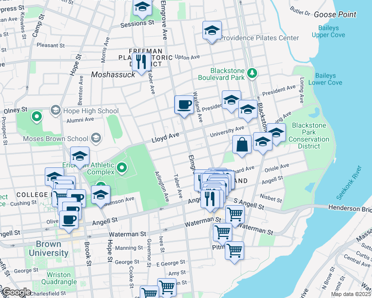 map of restaurants, bars, coffee shops, grocery stores, and more near 67 University Avenue in Providence