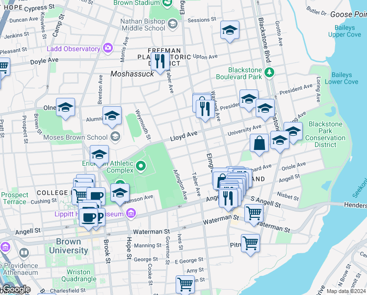 map of restaurants, bars, coffee shops, grocery stores, and more near 126 Taber Avenue in Providence