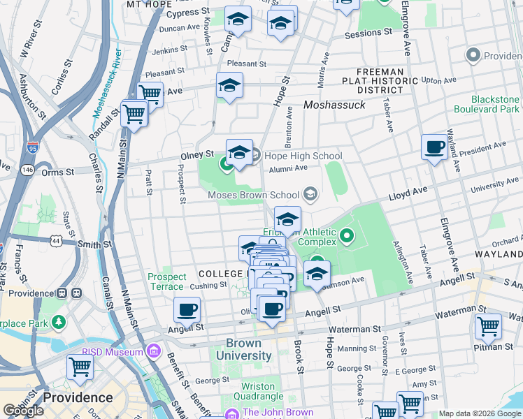 map of restaurants, bars, coffee shops, grocery stores, and more near in Providence
