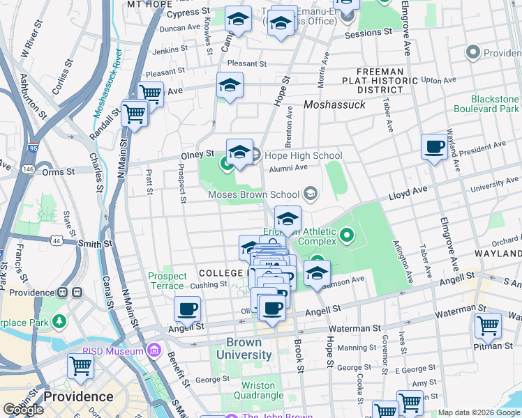 map of restaurants, bars, coffee shops, grocery stores, and more near in Providence