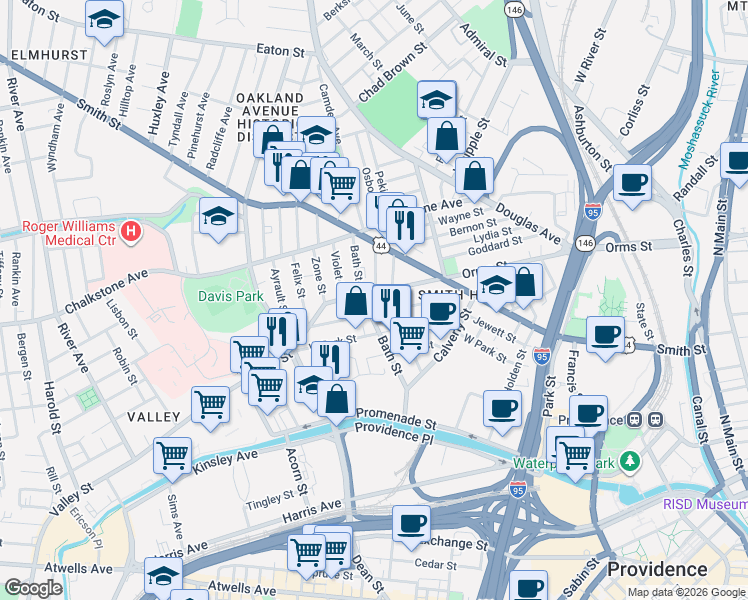 map of restaurants, bars, coffee shops, grocery stores, and more near 119 Bath Street in Providence