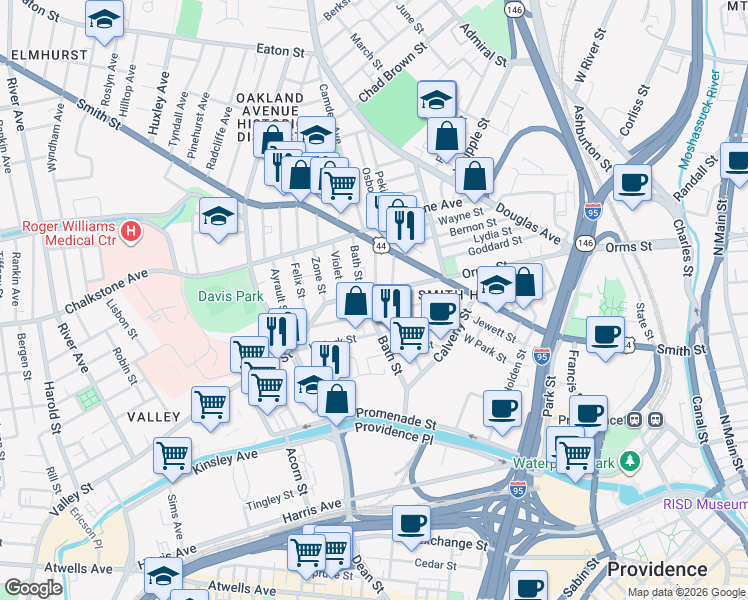 map of restaurants, bars, coffee shops, grocery stores, and more near 119 Bath Street in Providence