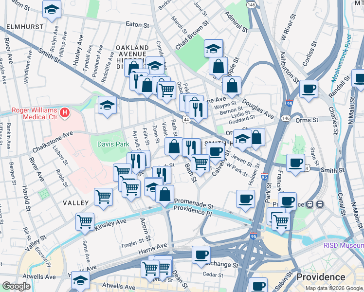 map of restaurants, bars, coffee shops, grocery stores, and more near 119 Bath Street in Providence
