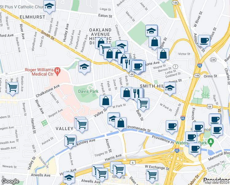 map of restaurants, bars, coffee shops, grocery stores, and more near 17 Zone Street in Providence