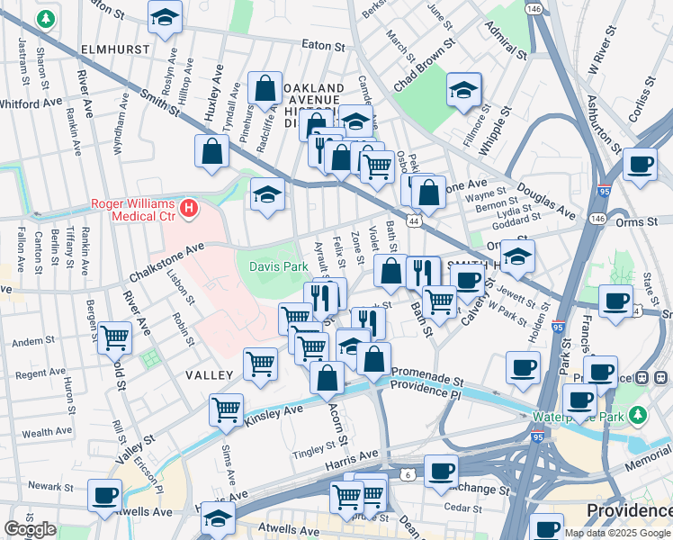 map of restaurants, bars, coffee shops, grocery stores, and more near 52 Felix Street in Providence