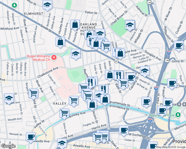 map of restaurants, bars, coffee shops, grocery stores, and more near 52 Felix Street in Providence