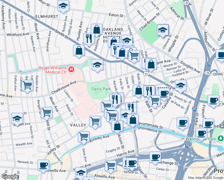 map of restaurants, bars, coffee shops, grocery stores, and more near 79 Pleasant Valley Parkway in Providence