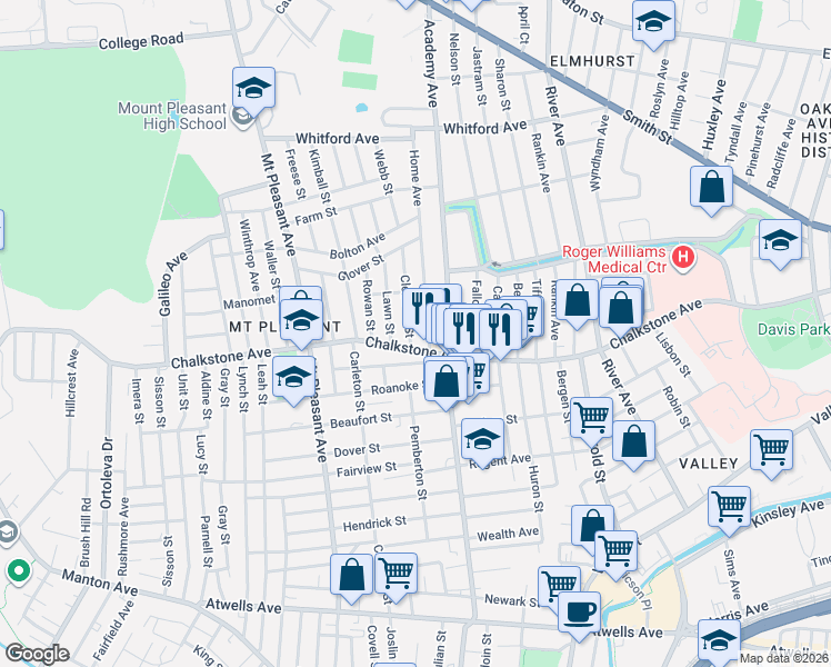 map of restaurants, bars, coffee shops, grocery stores, and more near 33 Home Avenue in Providence
